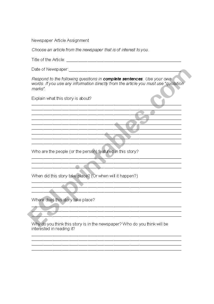 Newspaper Article assignment worksheet