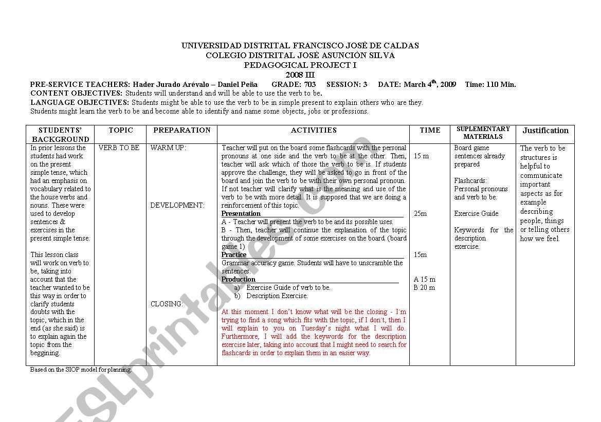 Lesson Plan Verb To Be ESL Worksheet By SMARTH