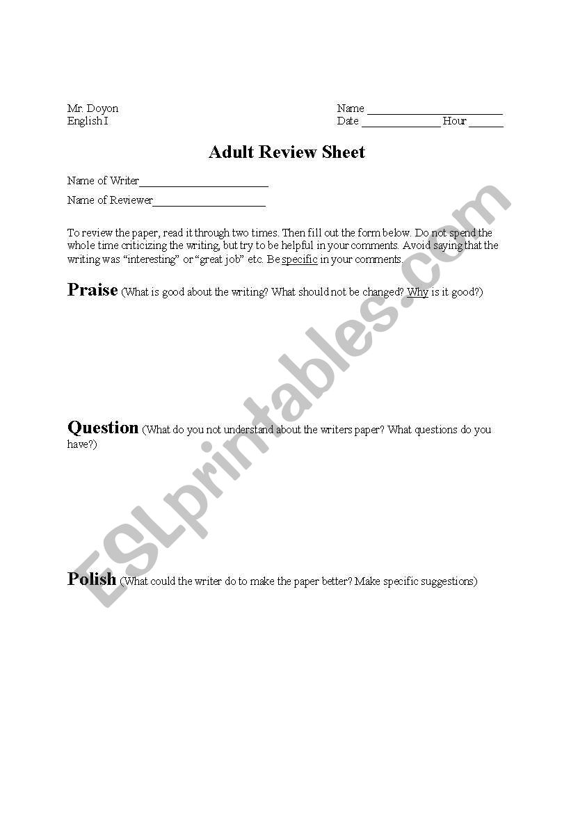 Adult Review Sheet worksheet