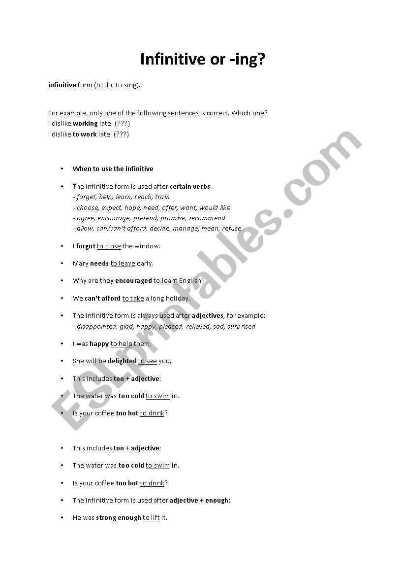 infinitive  worksheet