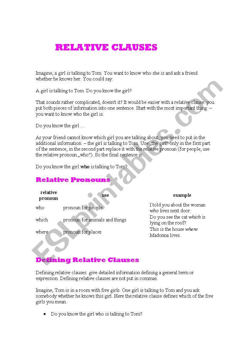 Defining Relative Clauses  worksheet