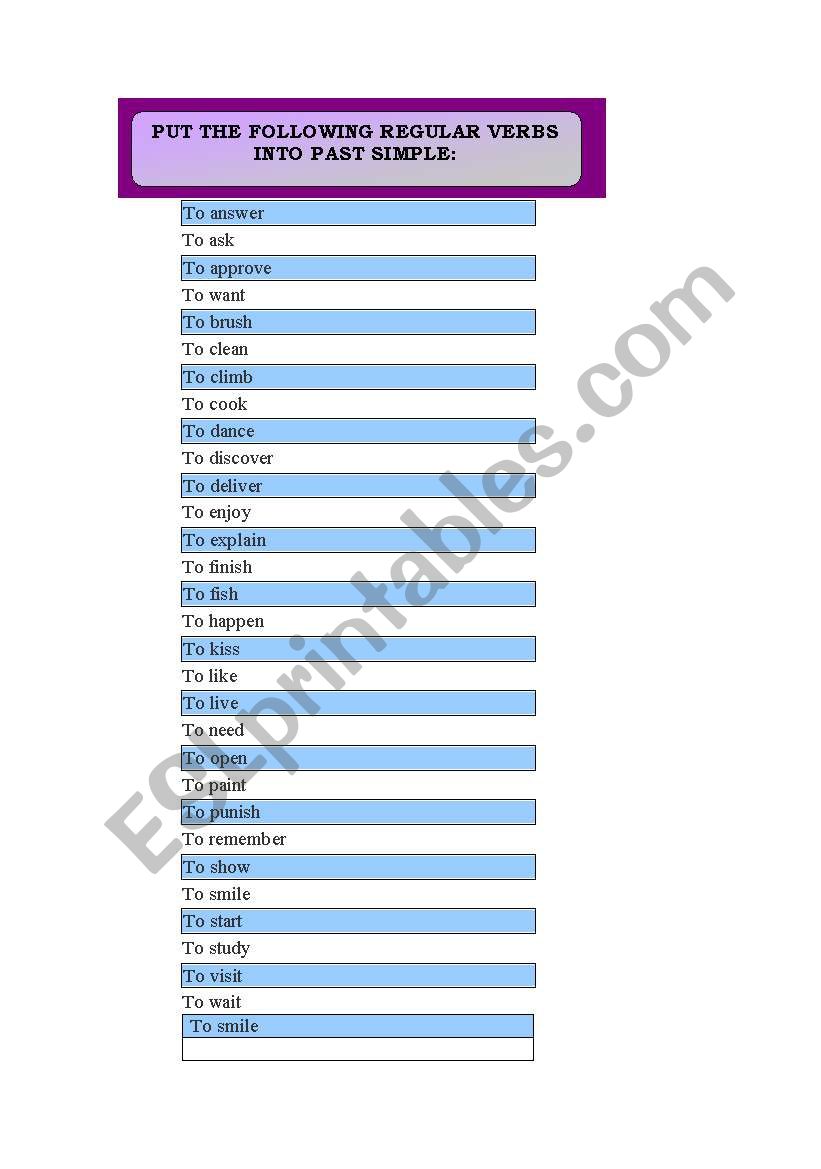 PAST SIMPLE OF REGULAR VERBS worksheet