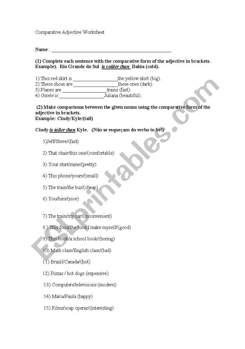 Comparative adjective worksheet