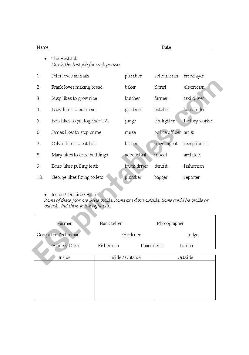 JOBS - People & Places worksheet