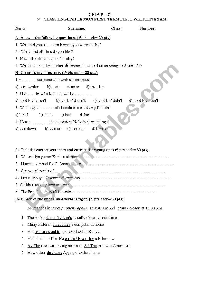 exam for elementaries worksheet