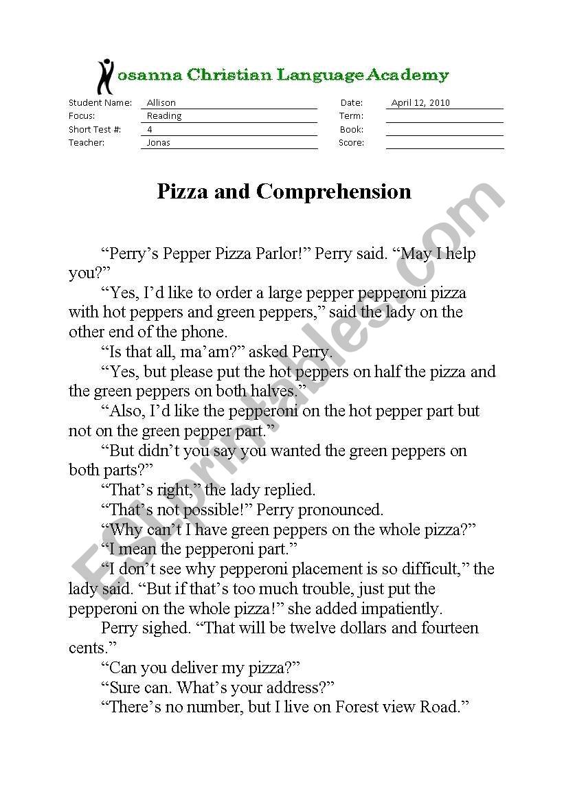 Pizza and Comprehension worksheet