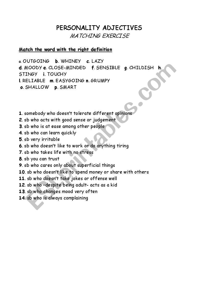 Personality adjectives worksheet