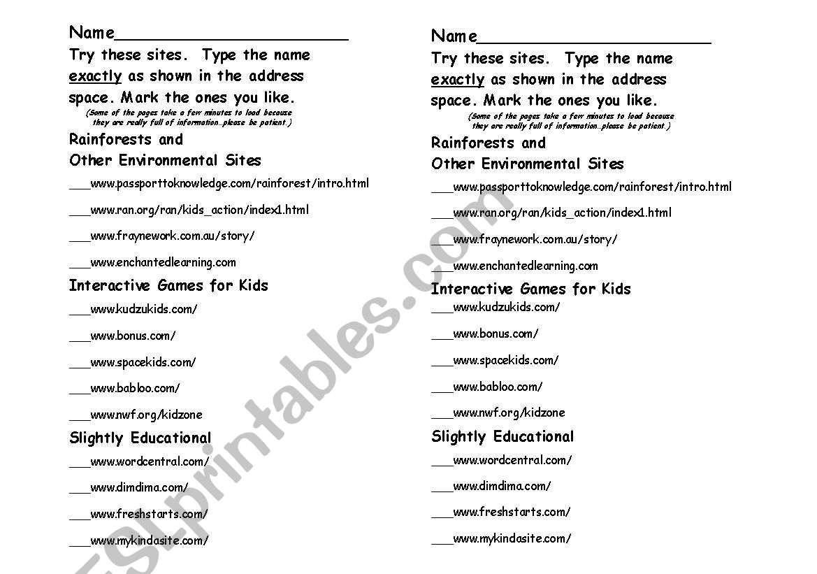 Websites for Kids worksheet