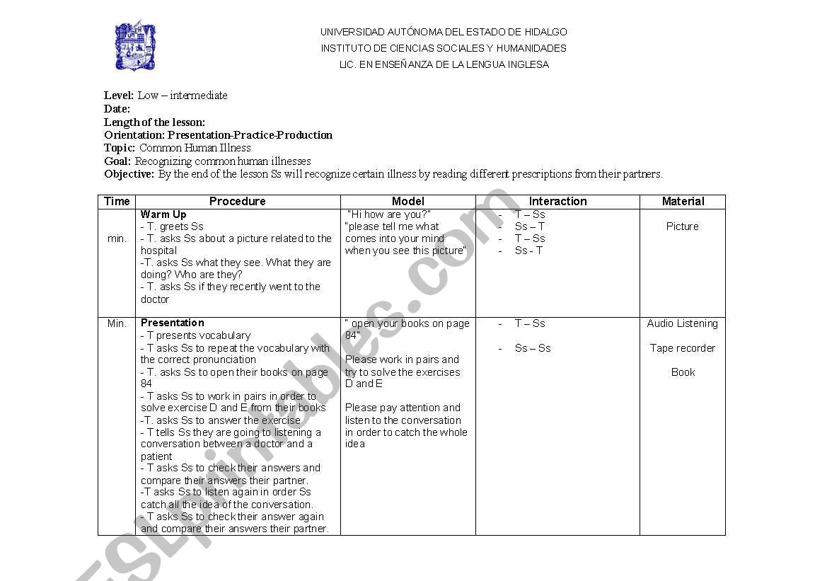 illneses worksheet