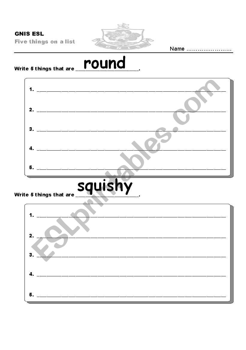 5 things on a list worksheet