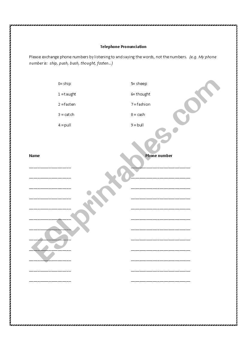 Telephone Pronunciation worksheet