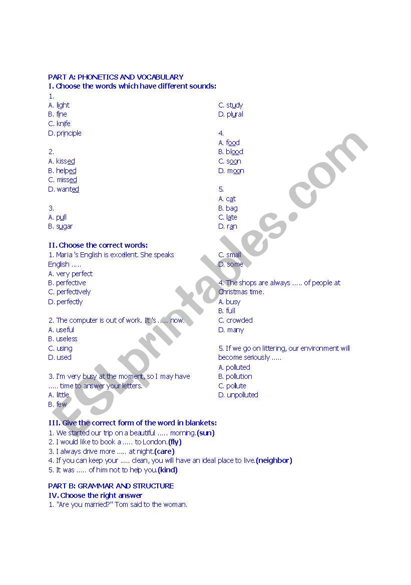 multiple choice phonetics and grammar exercises
