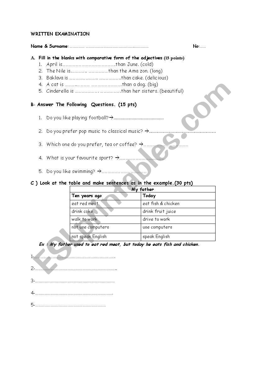 exam for elementaries worksheet