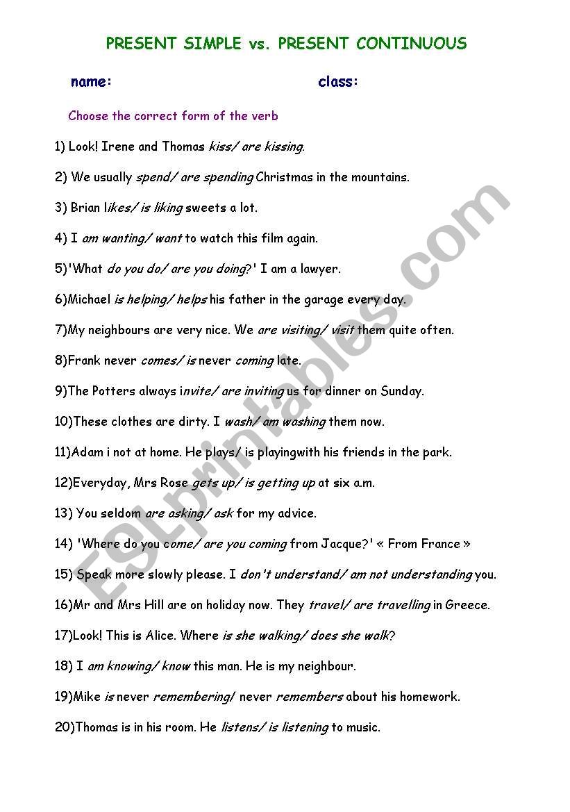 Present Simple vs Continuous worksheet