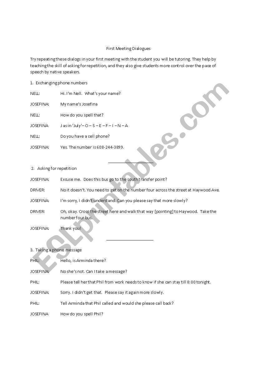 First Lesson Dialogs worksheet