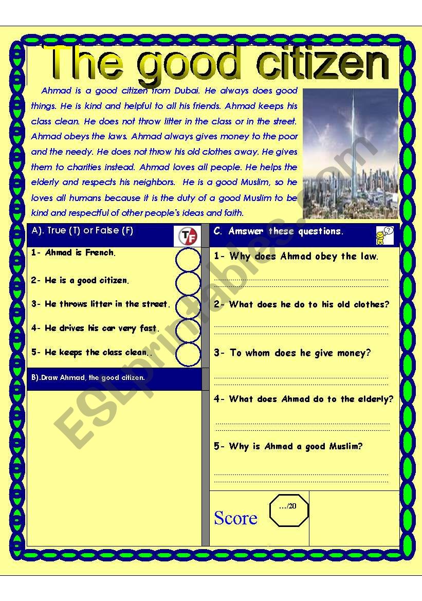 Reading comprehension test. ( Being a good citizen) Theme (Citizenship and civic  responsibilities) - ESL worksheet by shmiskeen