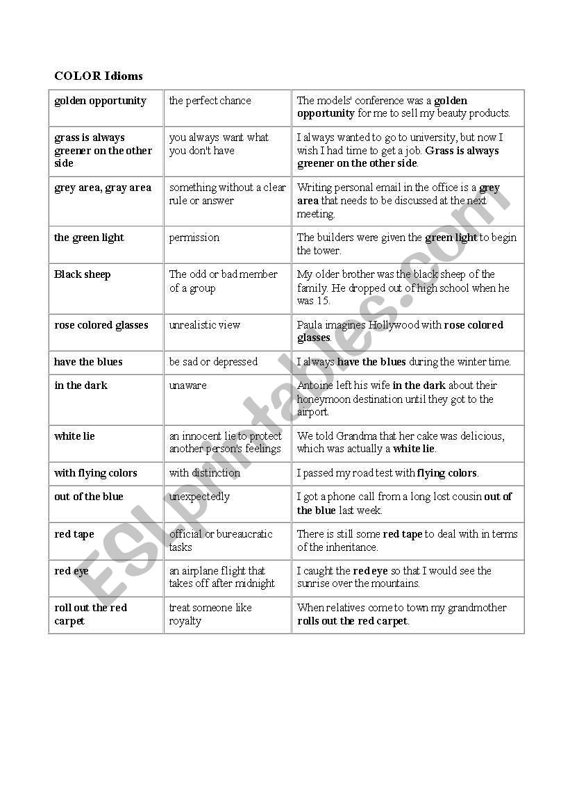 Common Color Idioms worksheet