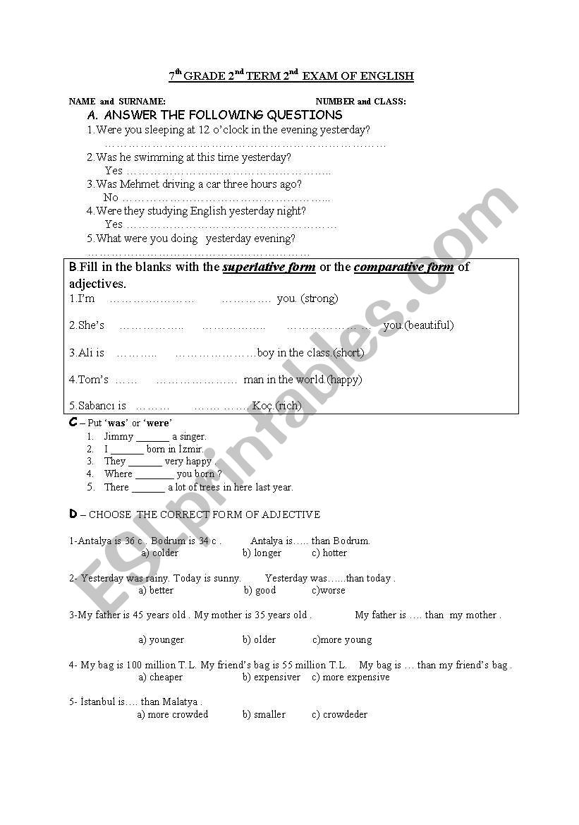 exam for elementary grades worksheet