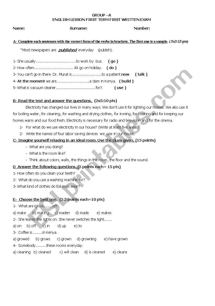 exam for intermediate grades worksheet