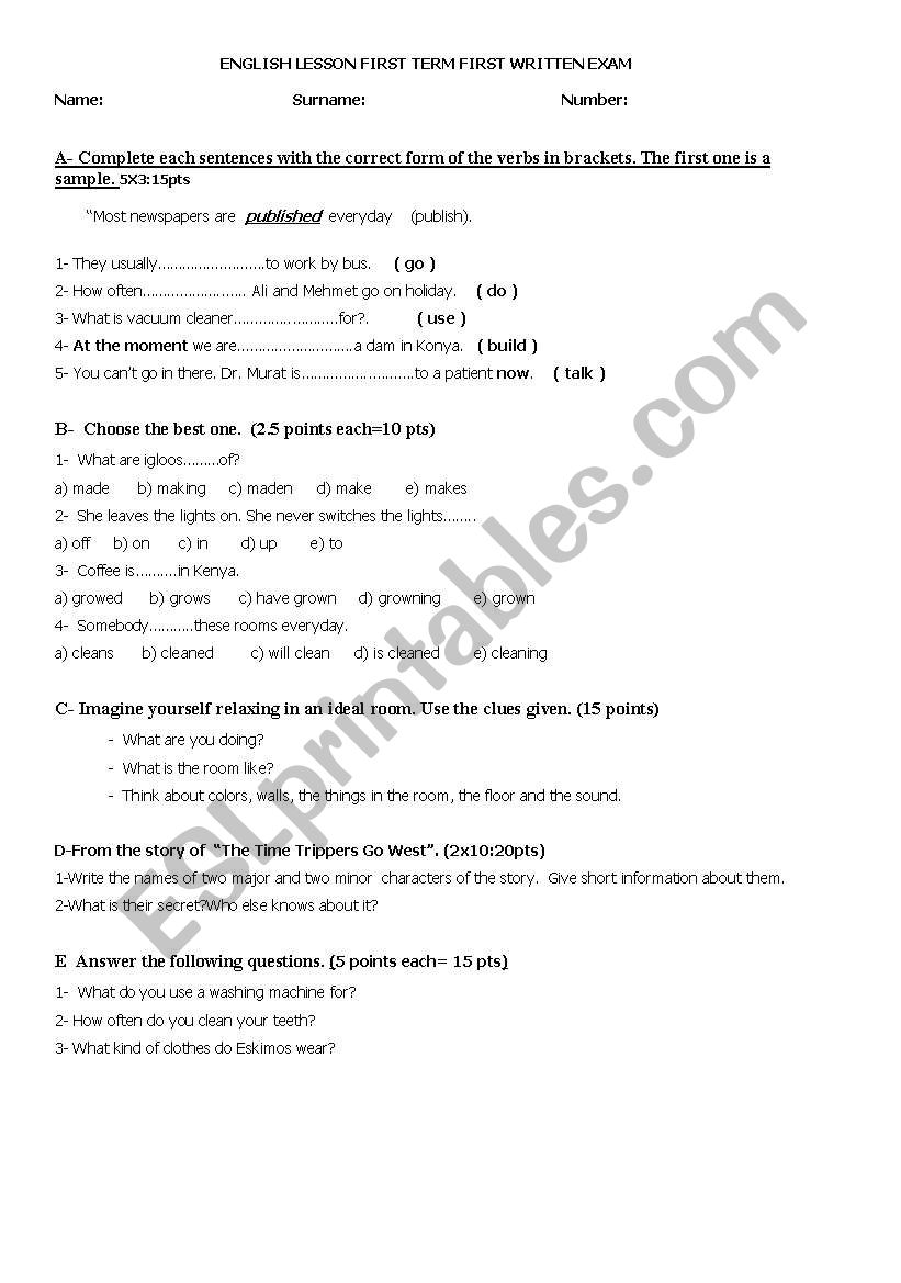 English Worksheets: Exam For Intermediate Grades Group B