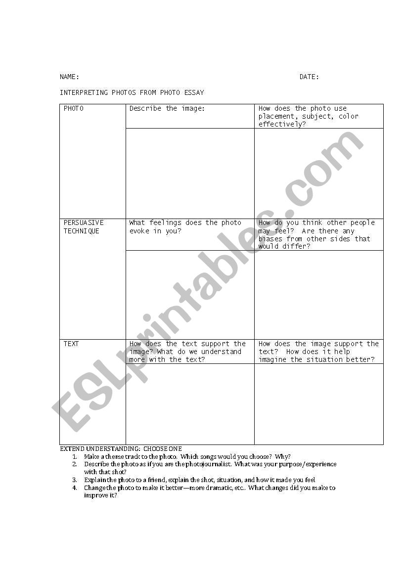 Interpreting Photo Essay Worksheet