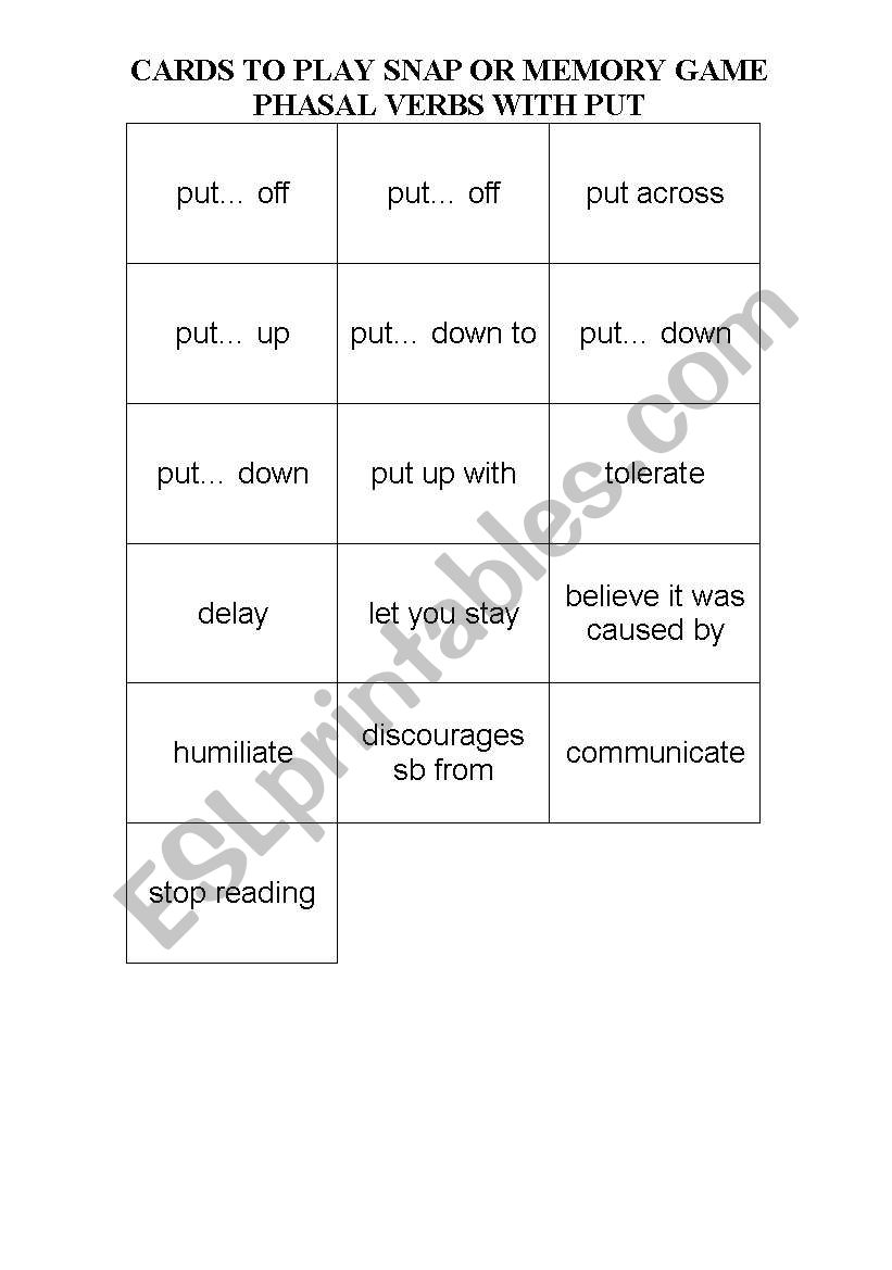 Phrasal verbs with put worksheet