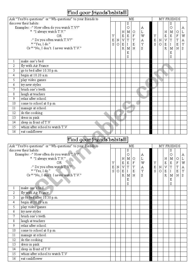 find your friend´s habits - ESL worksheet by audrey77