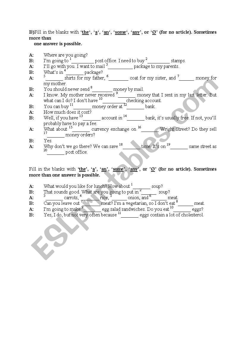 articles worksheet