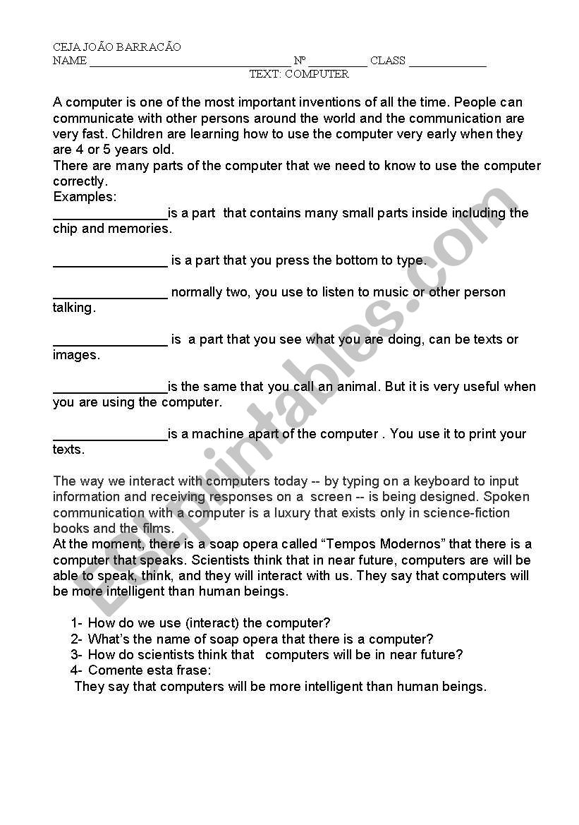 reading text about computer worksheet