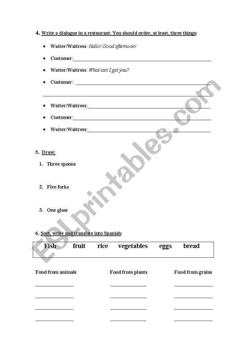 Test about food worksheet