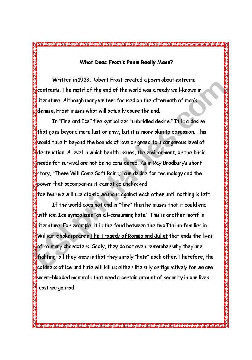 Fire And Ice Analysis Esl Worksheet By Carla Horne