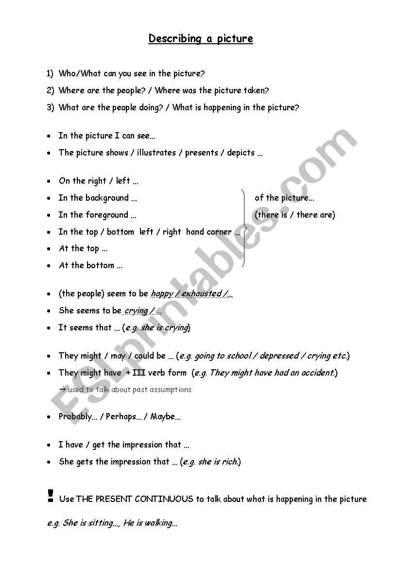 Describing a picture worksheet