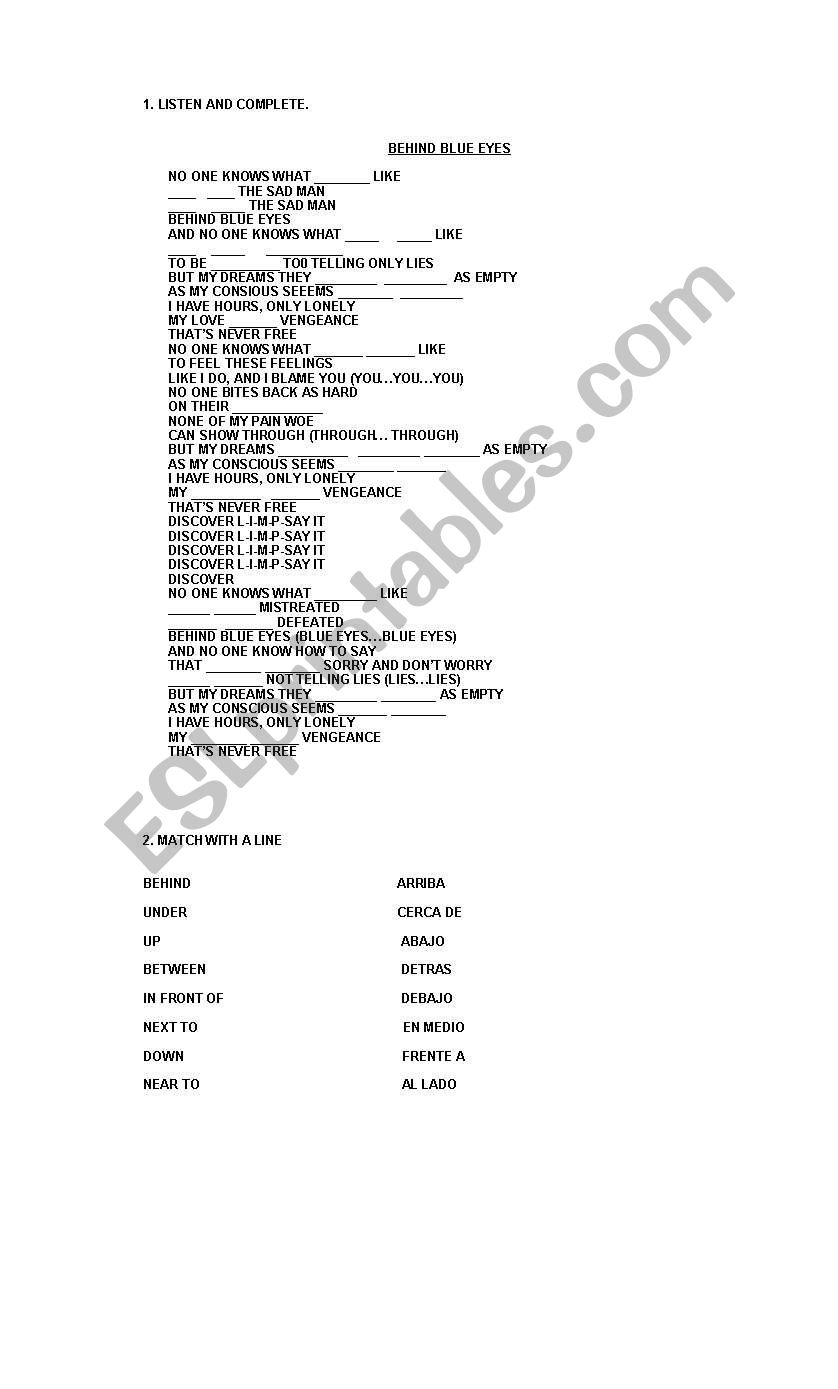 behind blue eyes worksheet