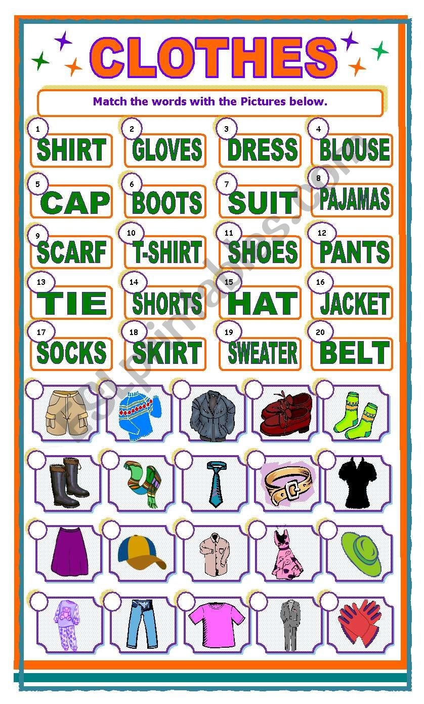 CLOTHES matching activity - ESL worksheet by CHARMED ONE