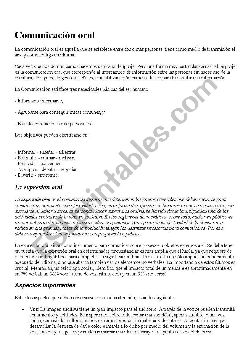 Comunicacin Oral worksheet