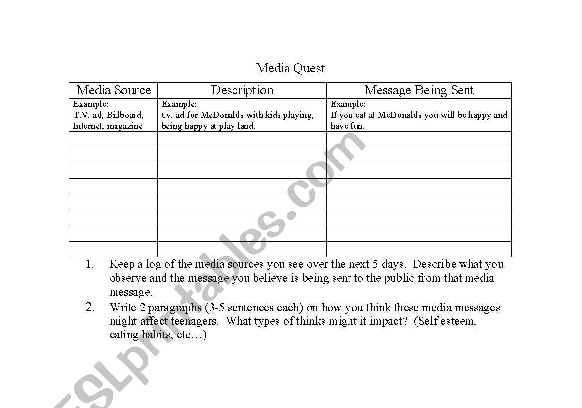 Media Quest worksheet