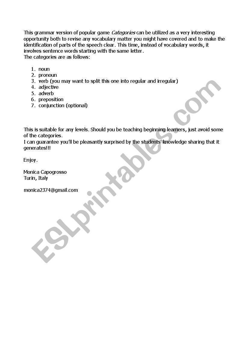 grammar game Categories worksheet