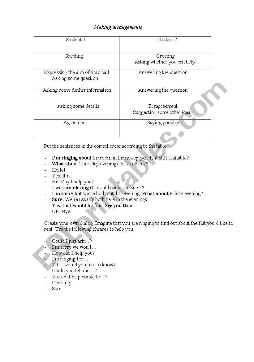 Making Arrangements worksheet