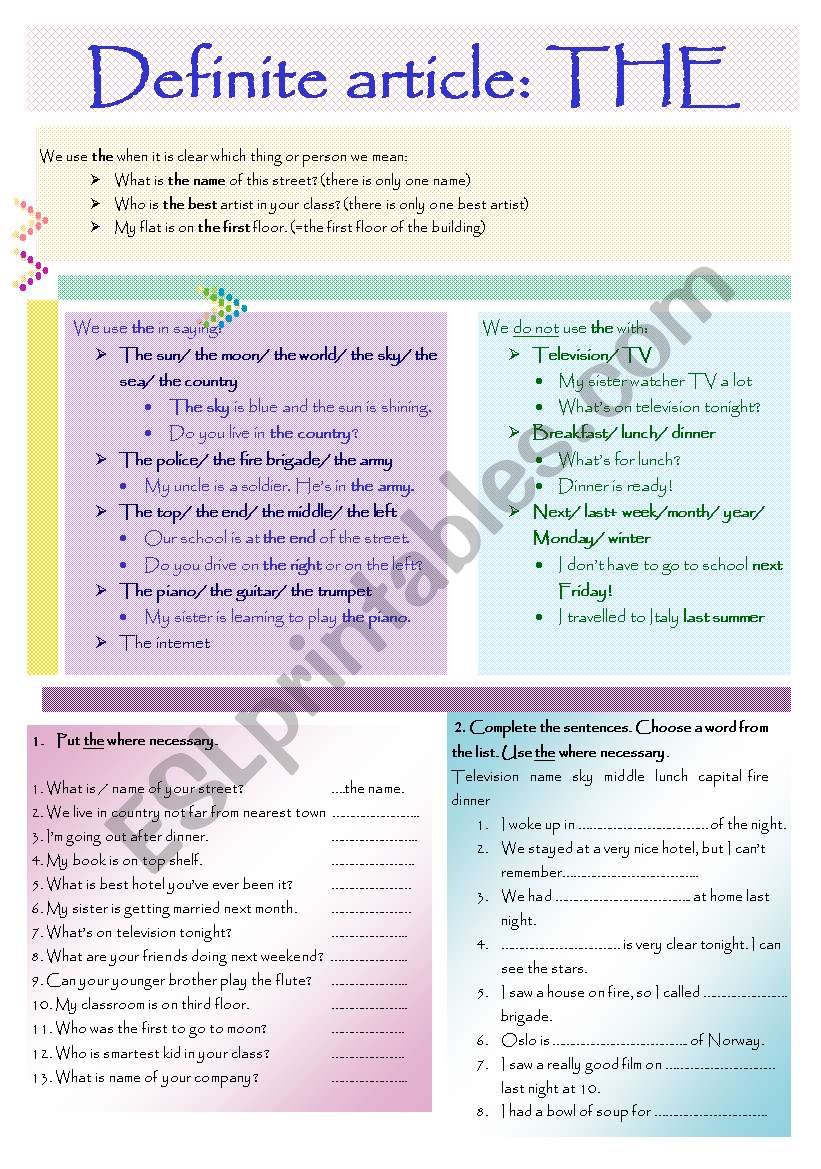 Definite Article THE ESL Worksheet By Kabramson