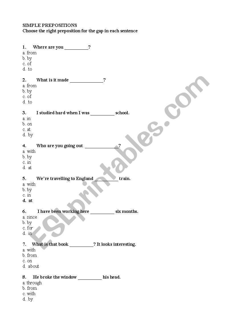 Simple Prepositions worksheet