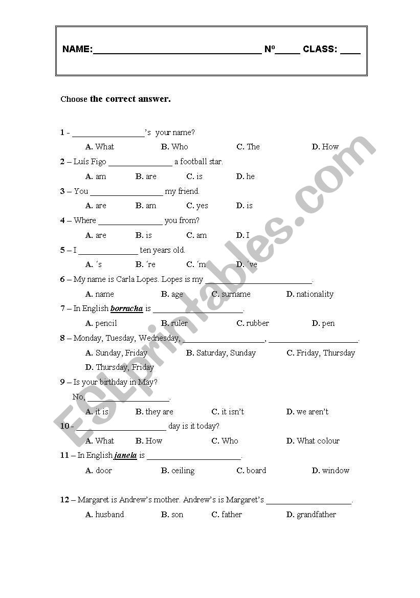 multiple choise worksheet