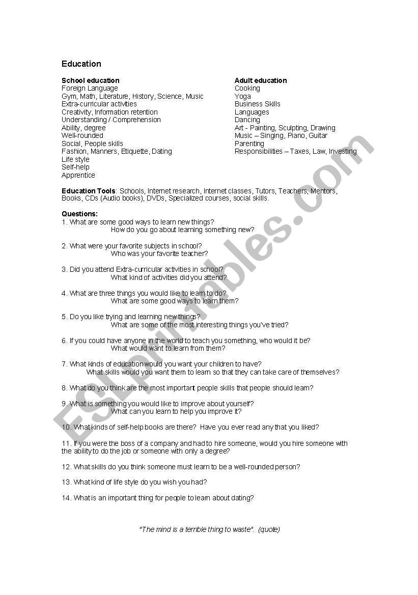 Education worksheet