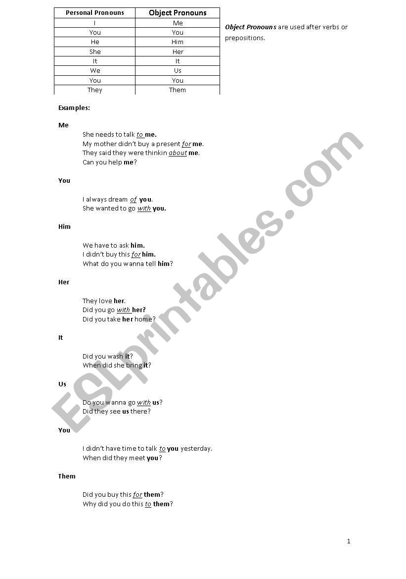 Object Pronouns worksheet