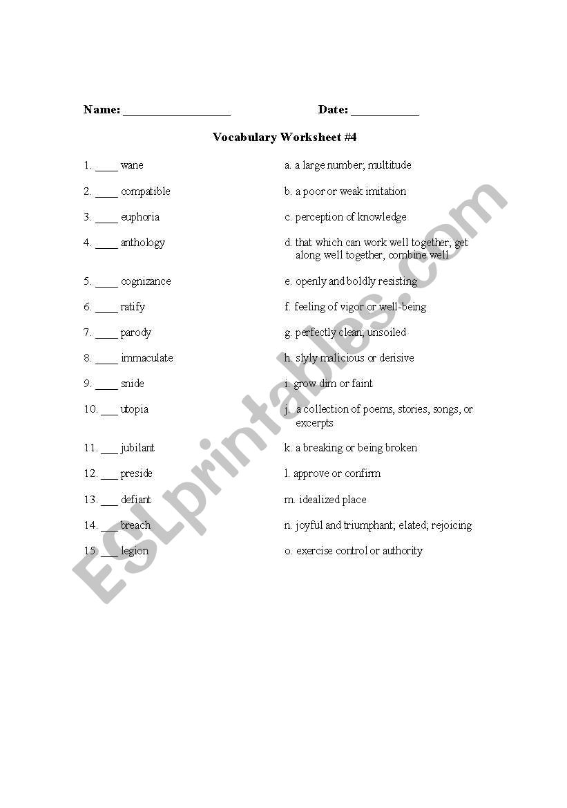 Vocabulary Worksheet #4 worksheet