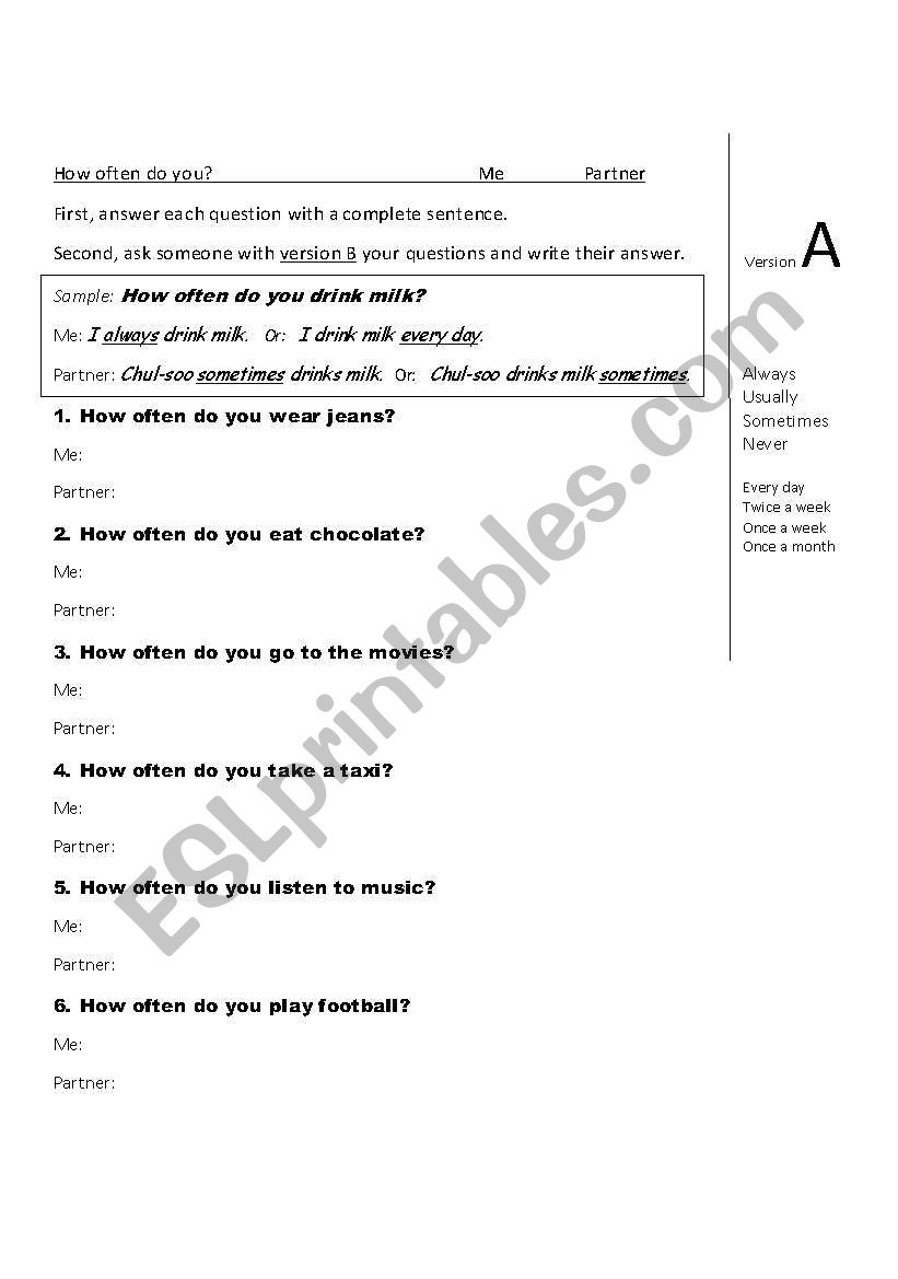 How Often interview sheets worksheet