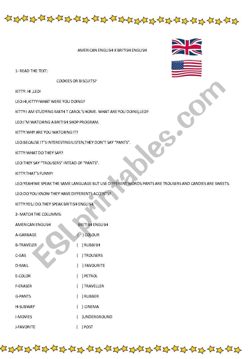 AMERICAN   X    BRITISH worksheet