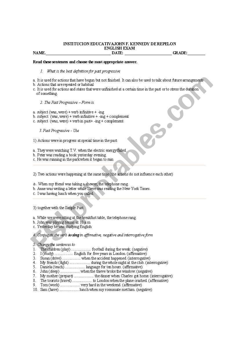 PAST PROGRESSIVE EXAM worksheet