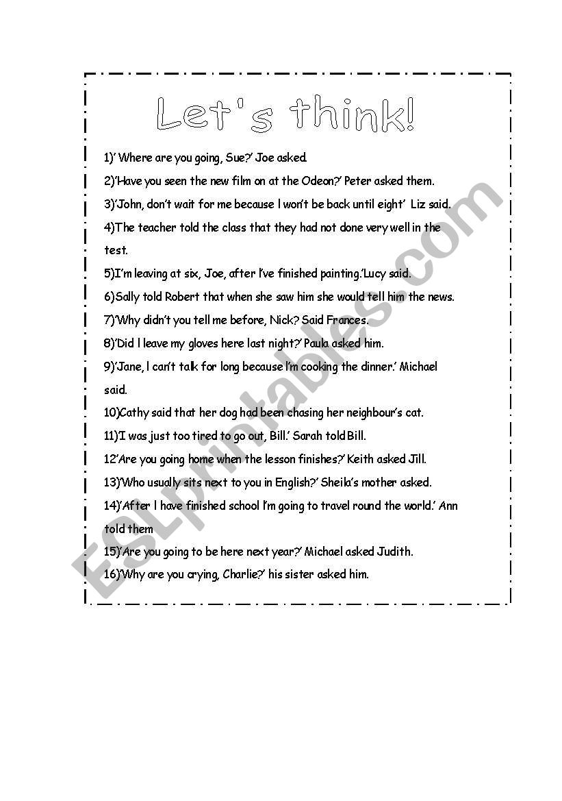 REPORTED SPEECH worksheet