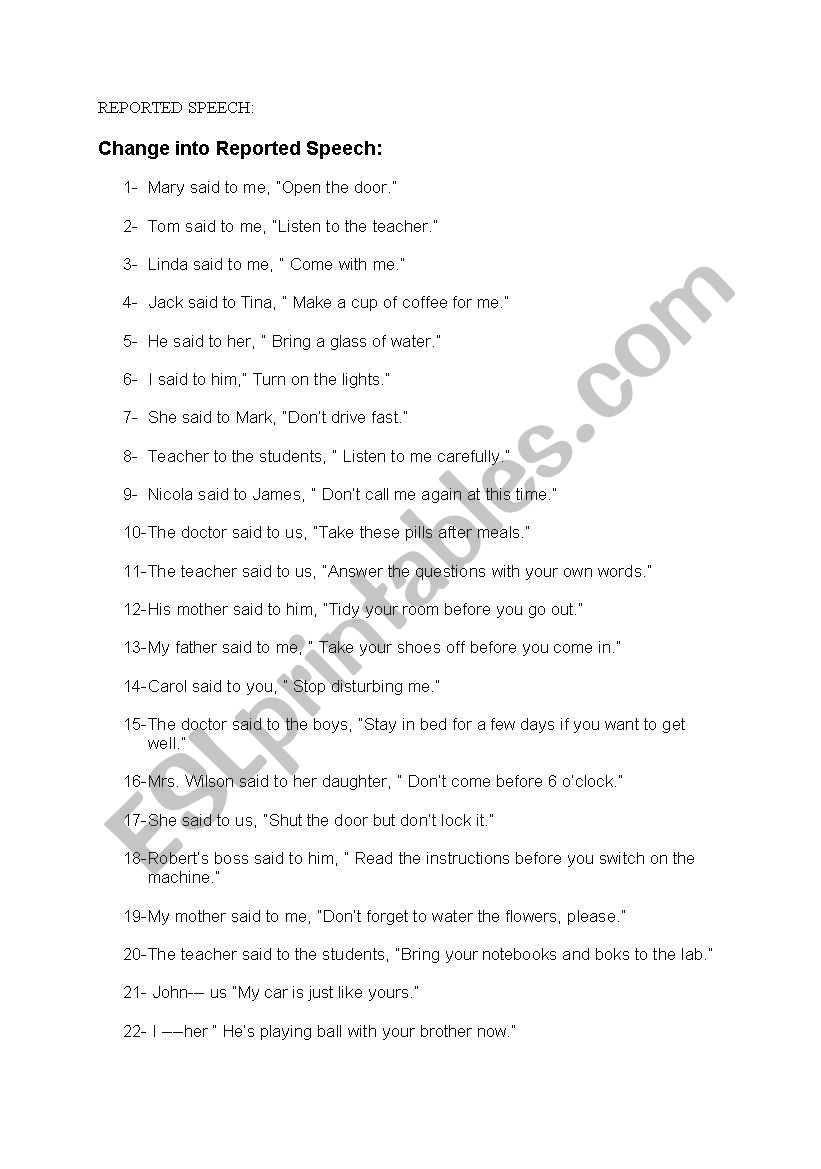 reported speech worksheet worksheet