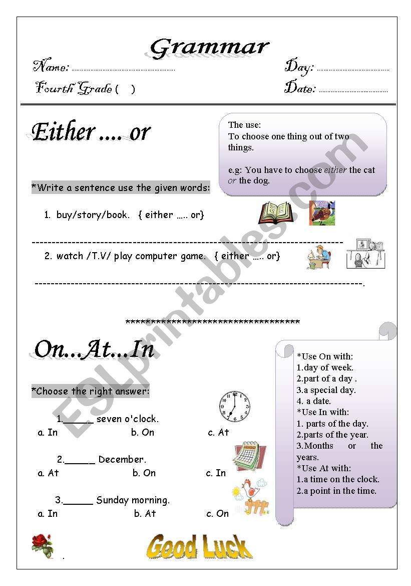 either or + on in at worksheet